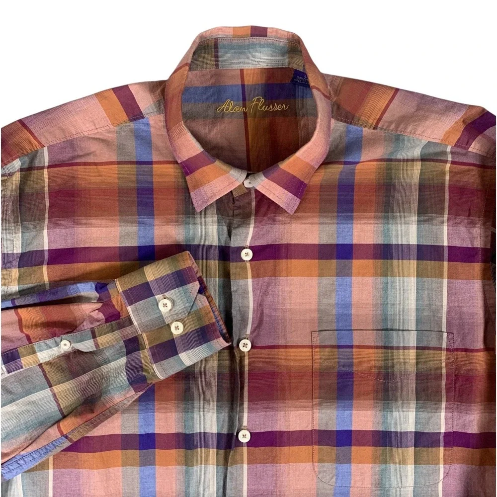 Alan Flusser Button Down Shirt Mens Large Multi Plaid Long Sleeve Cotton